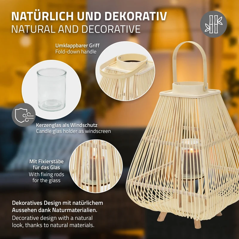 Bambus Laterne, Windlicht H: 63,5 cm Holzfarbe, Boho Gartenlaterne mit Henkel & Glaseinsatz, Flechtoptik Kerzenhalter