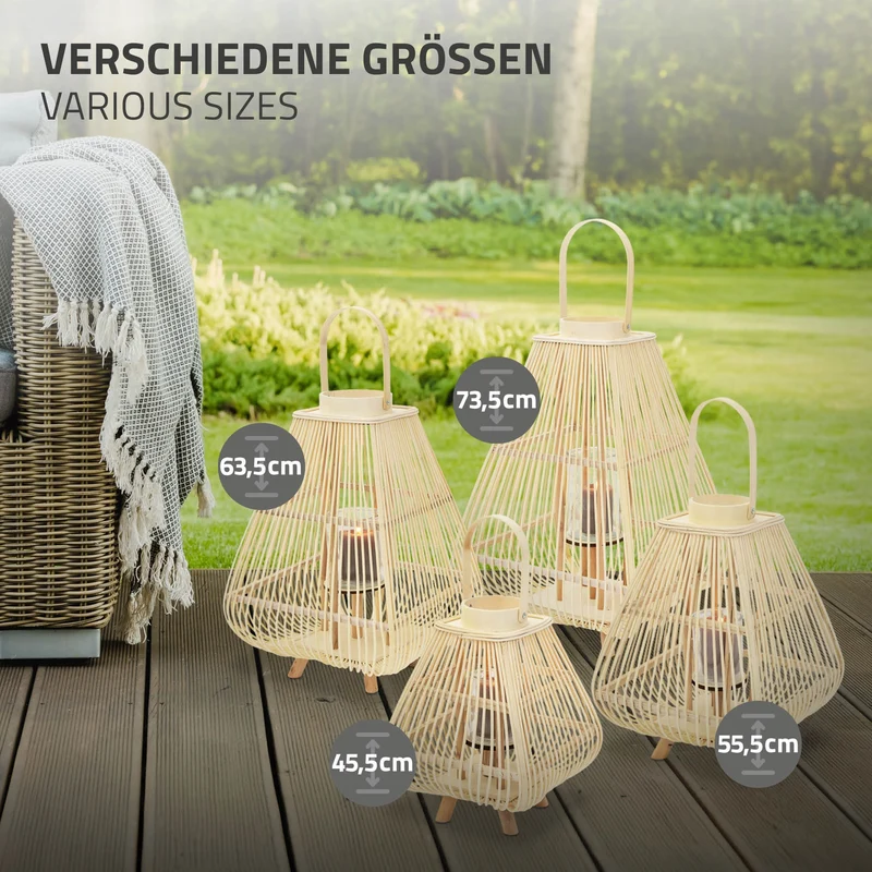 Bambus Laterne, Windlicht H: 63,5 cm Holzfarbe, Boho Gartenlaterne mit Henkel & Glaseinsatz, Flechtoptik Kerzenhalter