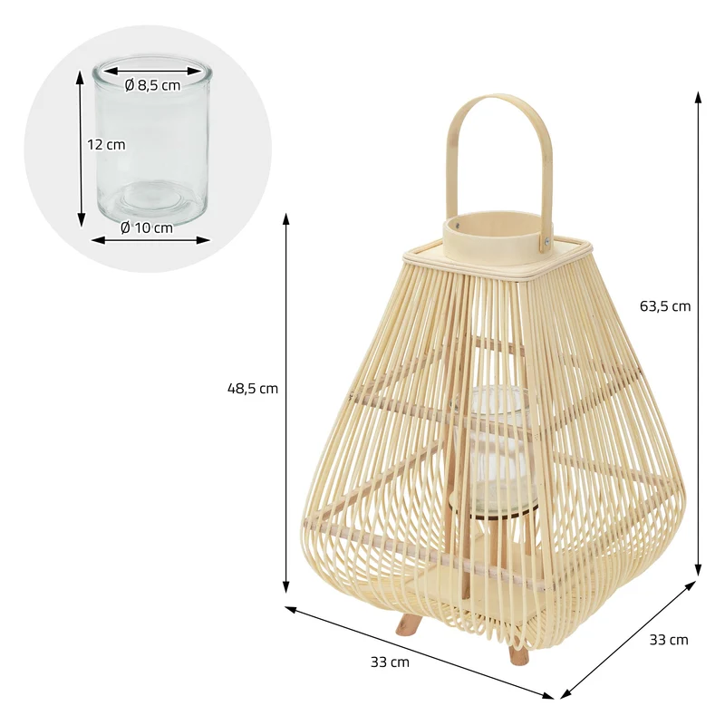 Bambus Laterne, Windlicht H: 63,5 cm Holzfarbe, Boho Gartenlaterne mit Henkel & Glaseinsatz, Flechtoptik Kerzenhalter