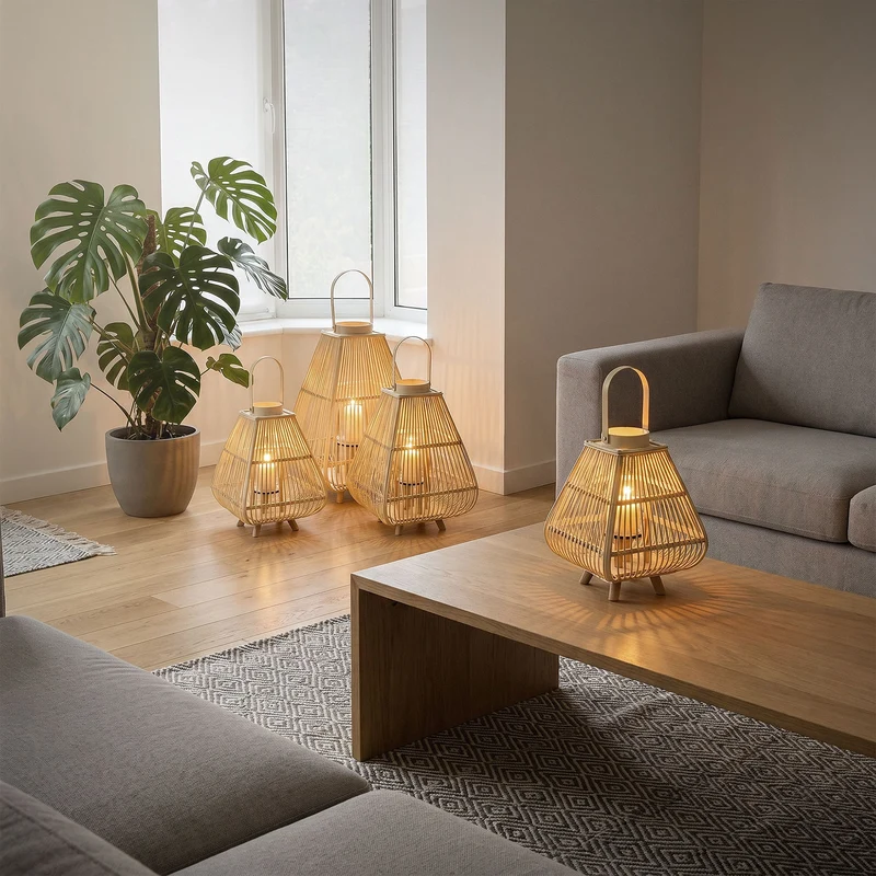 Bambus Laterne, Windlicht H: 63,5 cm Holzfarbe, Boho Gartenlaterne mit Henkel & Glaseinsatz, Flechtoptik Kerzenhalter