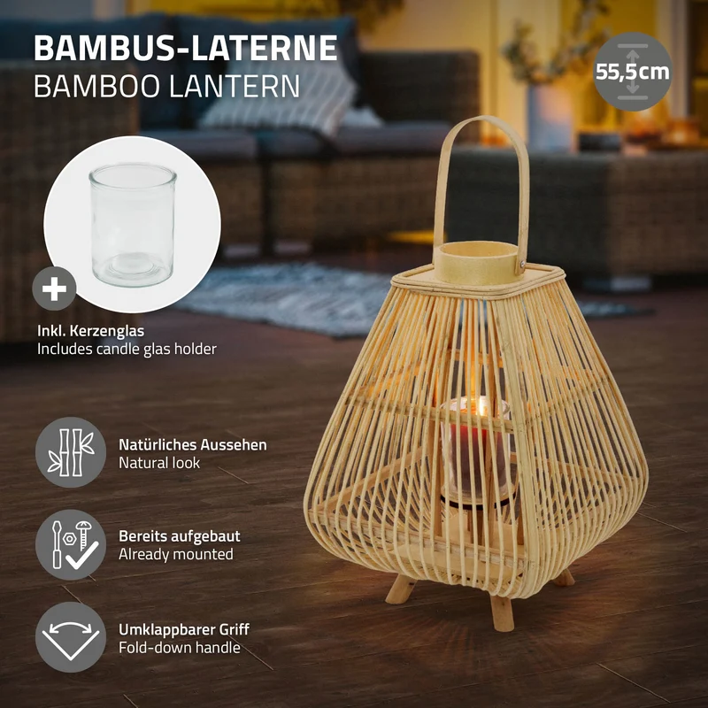 Bambus Laterne, Windlicht H: 55,5 cm Holzfarbe, Boho Gartenlaterne mit Henkel & Glaseinsatz, Flechtoptik Kerzenhalter