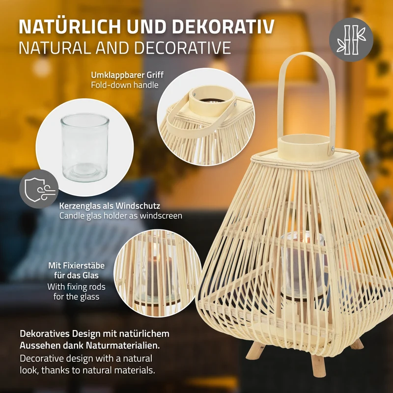 Bambus Laterne, Windlicht H: 55,5 cm Holzfarbe, Boho Gartenlaterne mit Henkel & Glaseinsatz, Flechtoptik Kerzenhalter