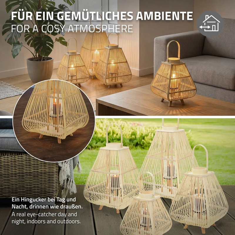 Bambus Laterne, Windlicht H: 73,5 cm Holzfarbe, Boho Gartenlaterne mit Henkel & Glaseinsatz, Flechtoptik Kerzenhalter