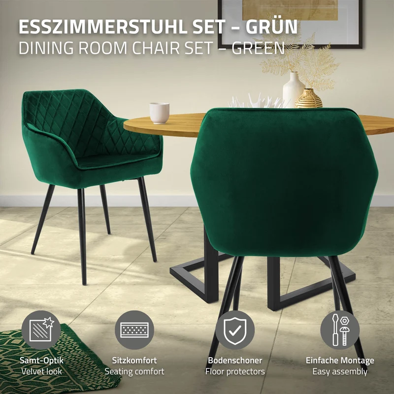 Esszimmerstuhl 4er Set Rauten Steppung mit Rücken- und Armlehnen Dunkelgrün Küchenstuhl mit Microfaser-Samtbezug ML-Design