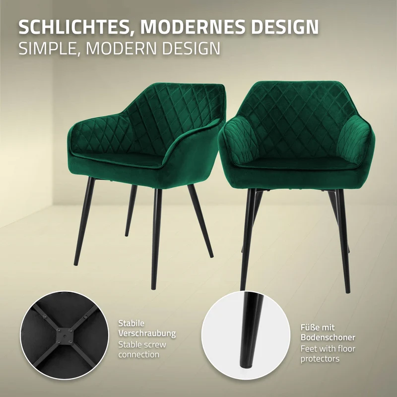 Esszimmerstuhl 4er Set Rauten Steppung mit Rücken- und Armlehnen Dunkelgrün Küchenstuhl mit Microfaser-Samtbezug ML-Design