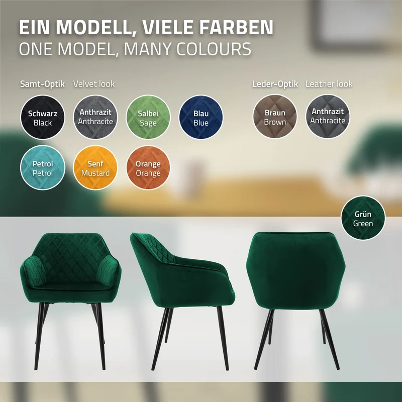 Esszimmerstuhl 4er Set Rauten Steppung mit Rücken- und Armlehnen Dunkelgrün Küchenstuhl mit Microfaser-Samtbezug ML-Design