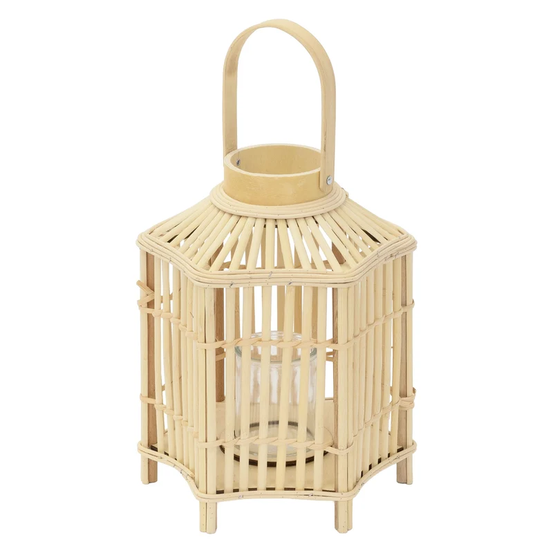 ECD Germany | Bambus Laterne sechseck Windlicht mit Henkel & Glaseinsatz, Natur/Grau, Boho Gartenlaterne, Flechtoptik Kerzenhalter