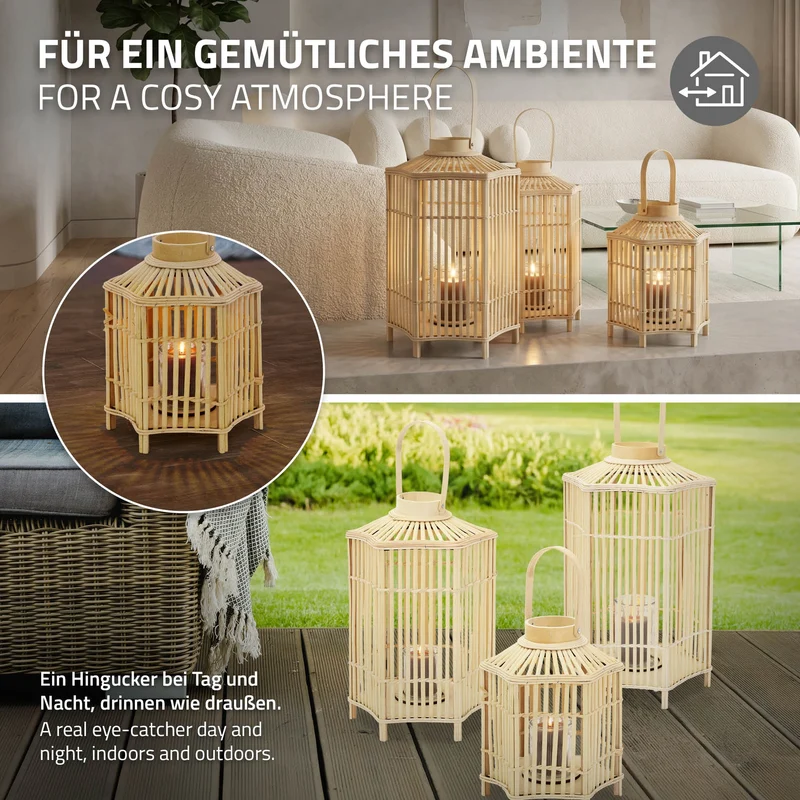 Bambus Laterne, Windlicht H: 45 cm Holzfarbe, Boho Gartenlaterne mit Henkel & Glaseinsatz, Flechtoptik Kerzenhalter