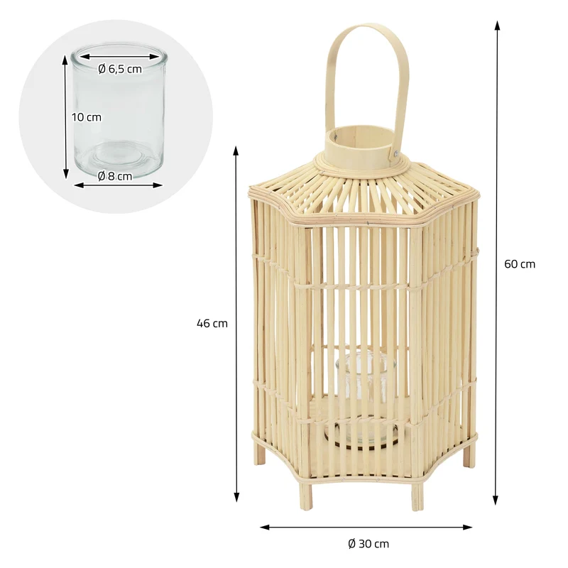 Bambus Laterne, Windlicht H: 60 cm Holzfarbe, Boho Gartenlaterne mit Henkel & Glaseinsatz, Flechtoptik Kerzenhalter