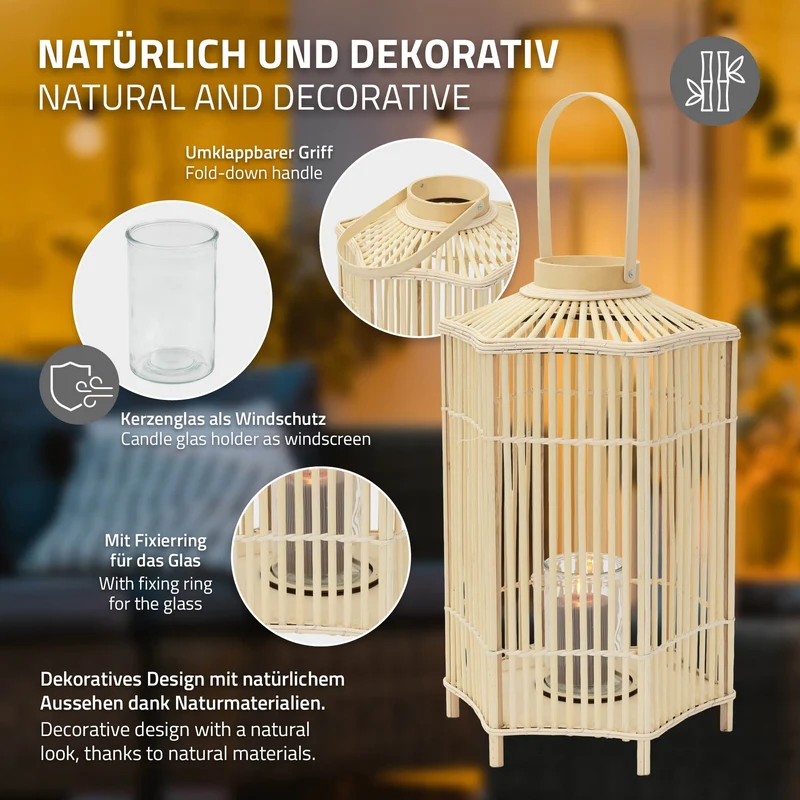 Bambus Laterne, Windlicht H: 75 cm Holzfarbe, Boho Gartenlaterne mit Henkel & Glaseinsatz, Flechtoptik Kerzenhalter
