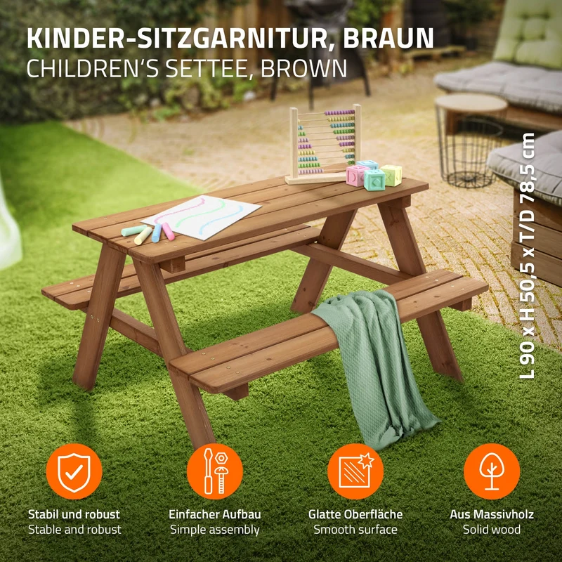 Kindersitzgarnitur Picknicktisch für 4 Kinder Braun aus Massivholz ab 2 Jahren Spielsitzgruppe draußen ML-Design