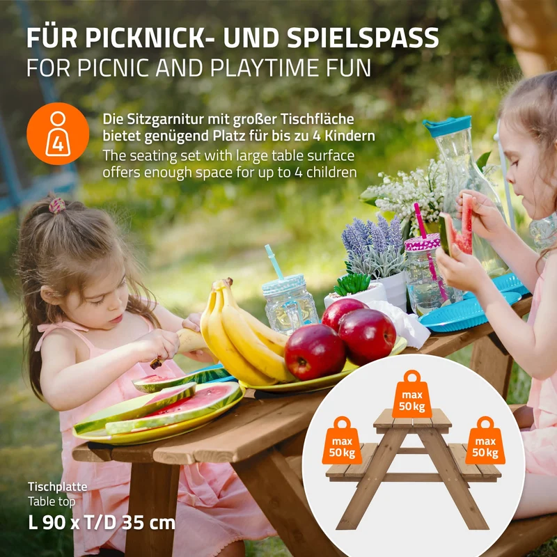 Kindersitzgarnitur Picknicktisch für 4 Kinder Braun aus Massivholz ab 2 Jahren Spielsitzgruppe draußen ML-Design