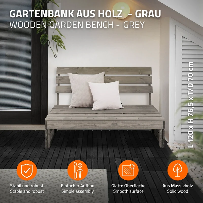 3tlg. Gartenmöbel Set Grau aus Massivholz 3-Sitzer Gartenbank 120x70x76,5 cm mit 2x Adirondack Gartenstuhl 70x89x92,5 cm ML-Design