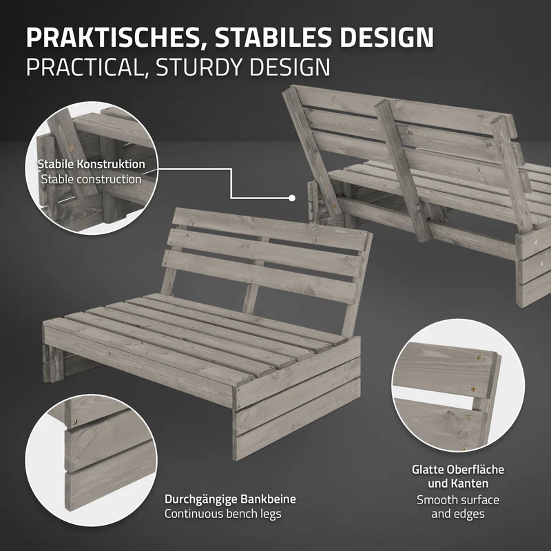 3tlg. Gartenmöbel Set Grau aus Massivholz 3-Sitzer Gartenbank 120x70x76,5 cm mit 2x Adirondack Gartenstuhl 70x89x92,5 cm ML-Design
