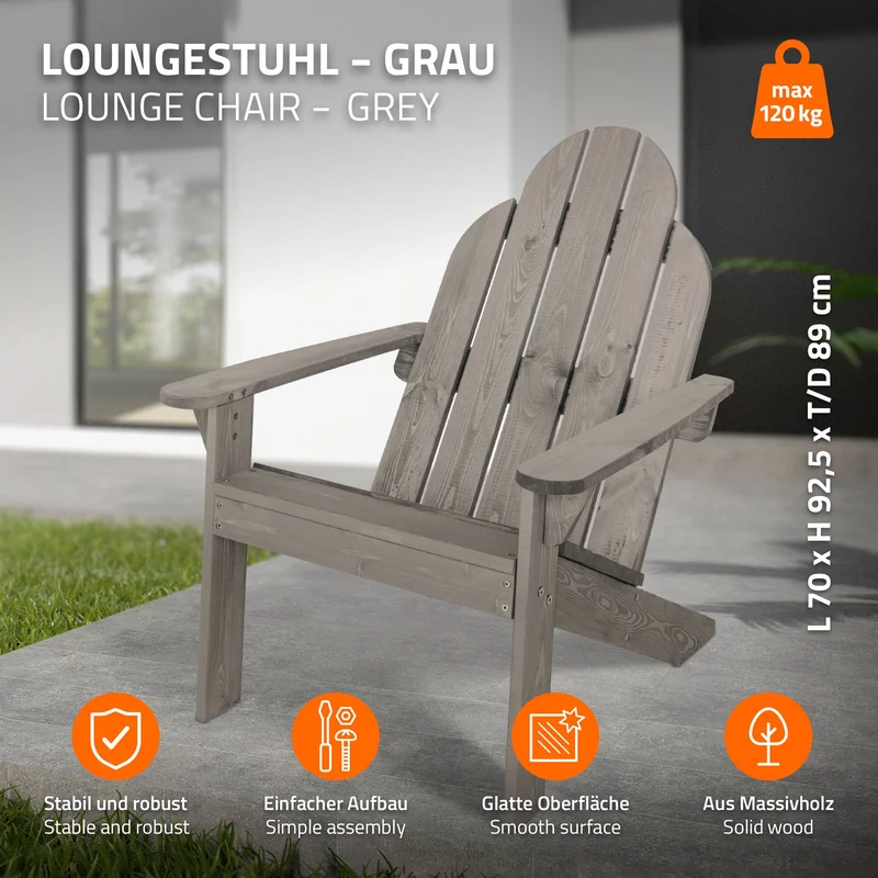 3tlg. Gartenmöbel Set Grau aus Massivholz 3-Sitzer Gartenbank 120x70x76,5 cm mit 2x Adirondack Gartenstuhl 70x89x92,5 cm ML-Design