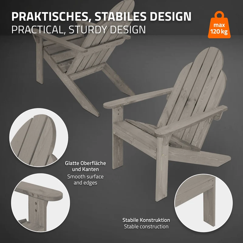 3tlg. Gartenmöbel Set Grau aus Massivholz 3-Sitzer Gartenbank 120x70x76,5 cm mit 2x Adirondack Gartenstuhl 70x89x92,5 cm ML-Design