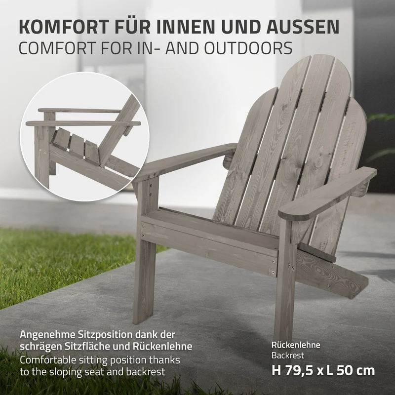 3tlg. Gartenmöbel Set Grau aus Massivholz 3-Sitzer Gartenbank 120x70x76,5 cm mit 2x Adirondack Gartenstuhl 70x89x92,5 cm ML-Design