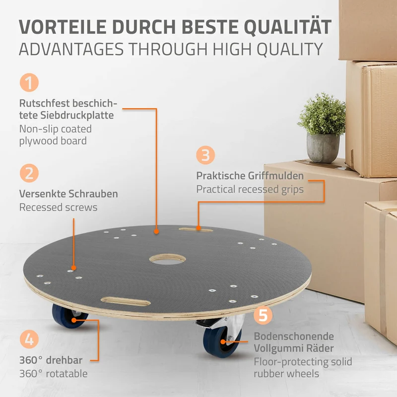 Rollbrett Möbelroller rund Ø 77 cm aus Multiplex mit Feststellbremsen Tragkraft 800 kg