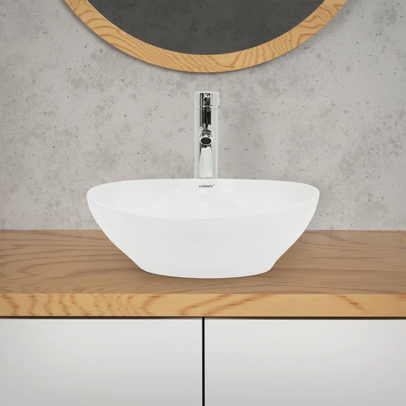 Waschbecken Oval ohne Überlauf 41x33x14,2 cm Weiß aus Keramik LuxeBath