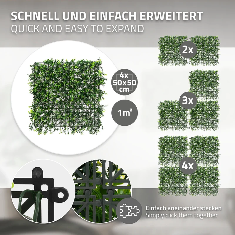 ECD Germany | Künstliche Pflanzenwand Pachysandra 4er Set 50x50 cm Grün Kunstpflanzen Wandpaneele Indoor Outdoor Blumenwand Sichtschutz Wandpflanzen