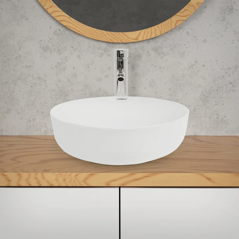 Waschbecken Rund ohne Überlauf Ø 40x13,5 cm Weiß aus Keramik LuxeBath