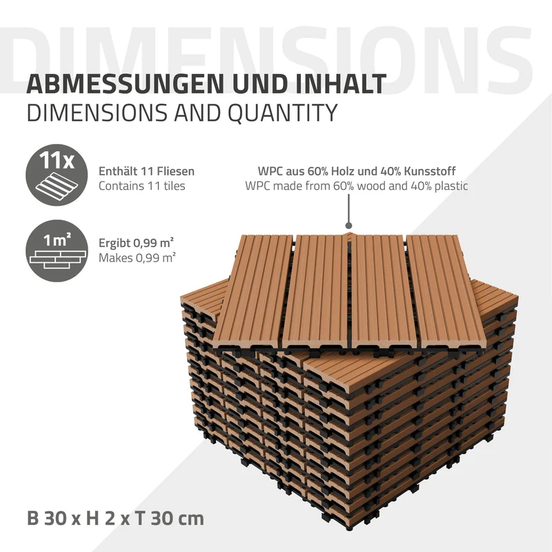 Terrassenfliesen 30x30 cm 11er Set für 1m² Hellbraun aus WPC