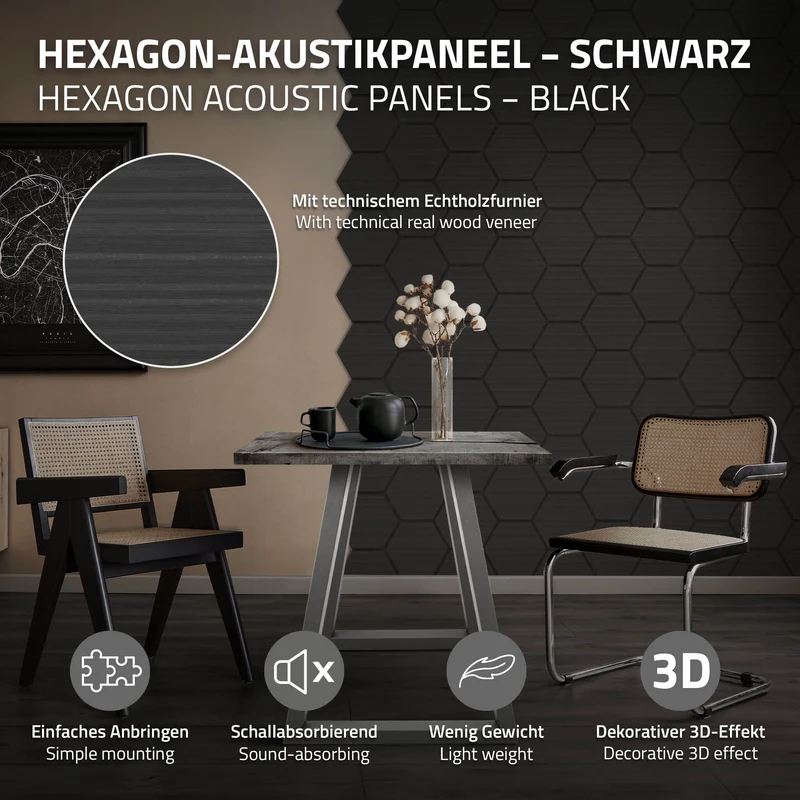 2er Set Akustikpaneele für 1m² Schwarz Wandpaneele Hexagon Schallabsorber Schalldämmung ML-Design
