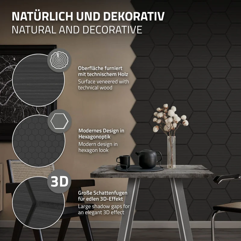 2er Set Akustikpaneele für 1m² Schwarz Wandpaneele Hexagon Schallabsorber Schalldämmung ML-Design