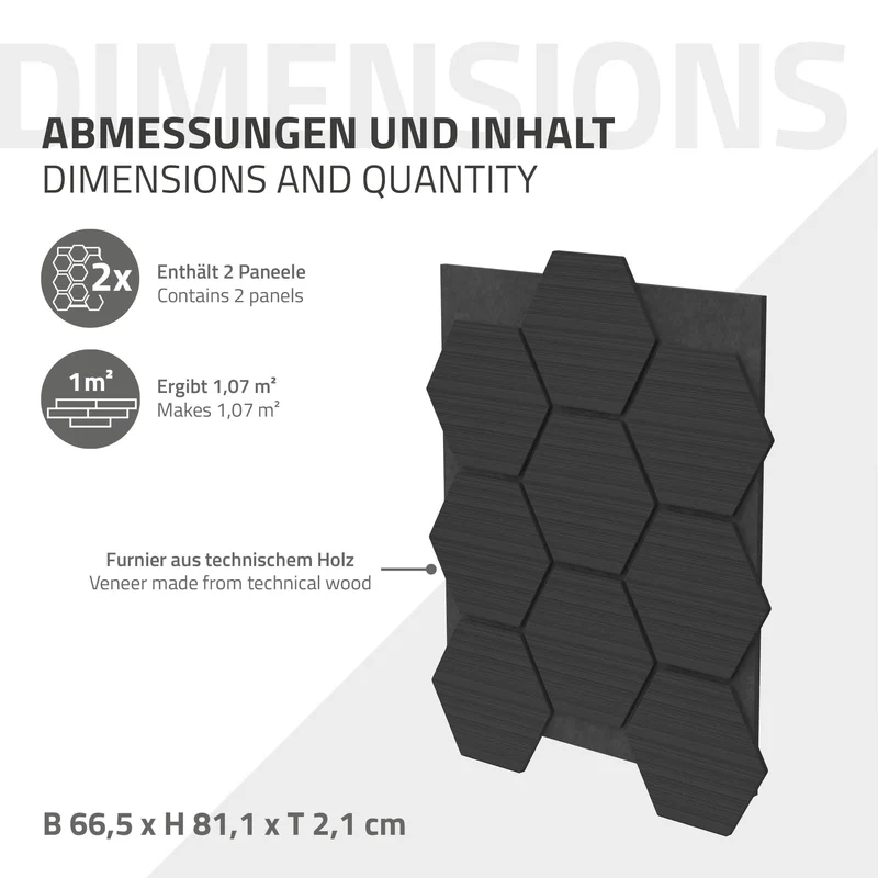2er Set Akustikpaneele für 1m² Schwarz Wandpaneele Hexagon Schallabsorber Schalldämmung ML-Design