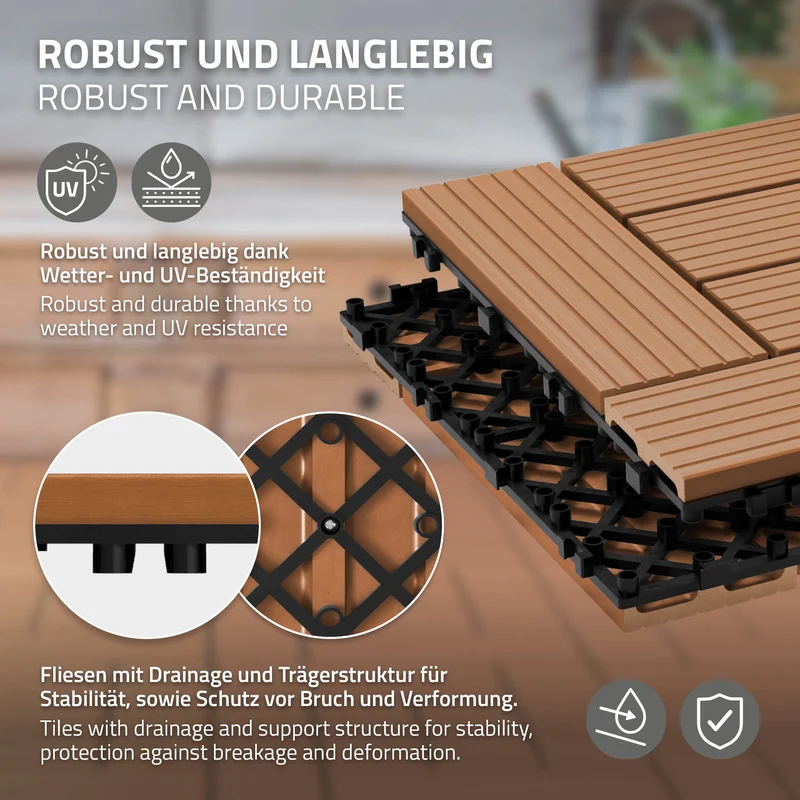 WPC Terrassenfliesen 30x30 cm 33er Set für 3m² Hellbraun in Holzoptik Mosaik mit Drainage und Klicksystem