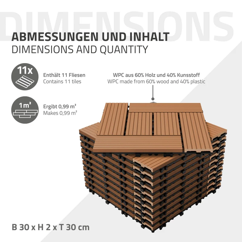 WPC Terrassenfliesen 30x30 cm 33er Set für 3m² Hellbraun in Holzoptik Mosaik mit Drainage und Klicksystem