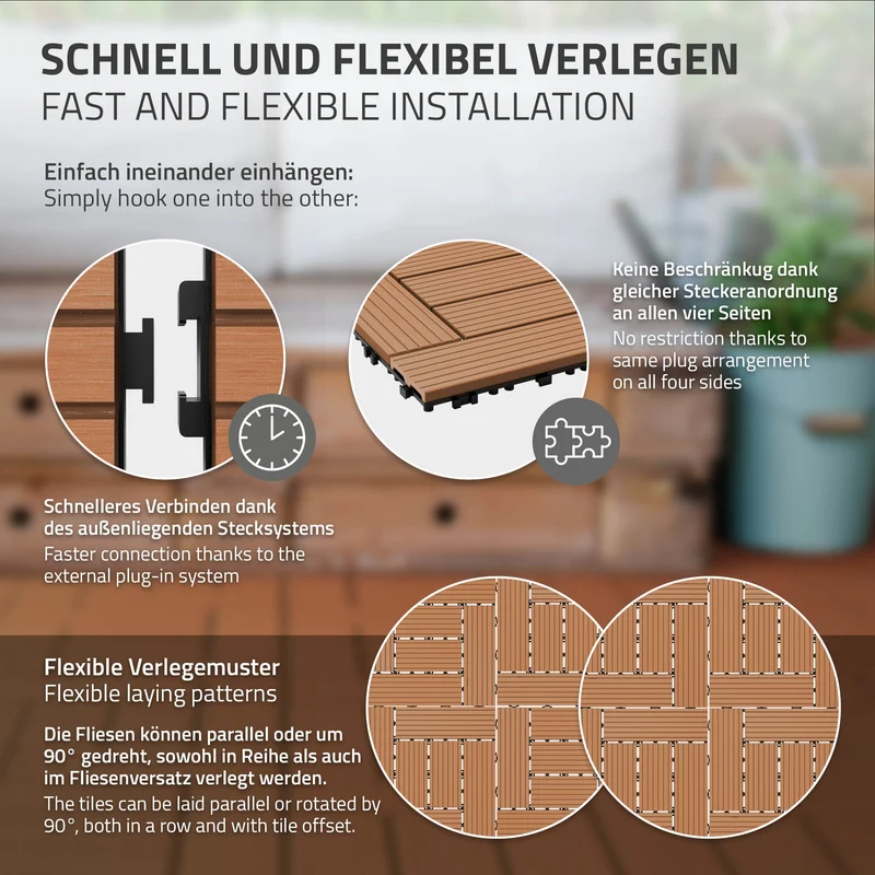 WPC Terrassenfliesen 30x30 cm 22er Set für 2m² Hellbraun in Holzoptik Mosaik mit Drainage und Klicksystem