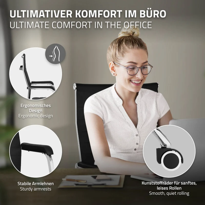 B-Ware Ergonomischer Bürostuhl mit Armlehnen Schwarz mit Rollen & Wippfunktion ML-Design