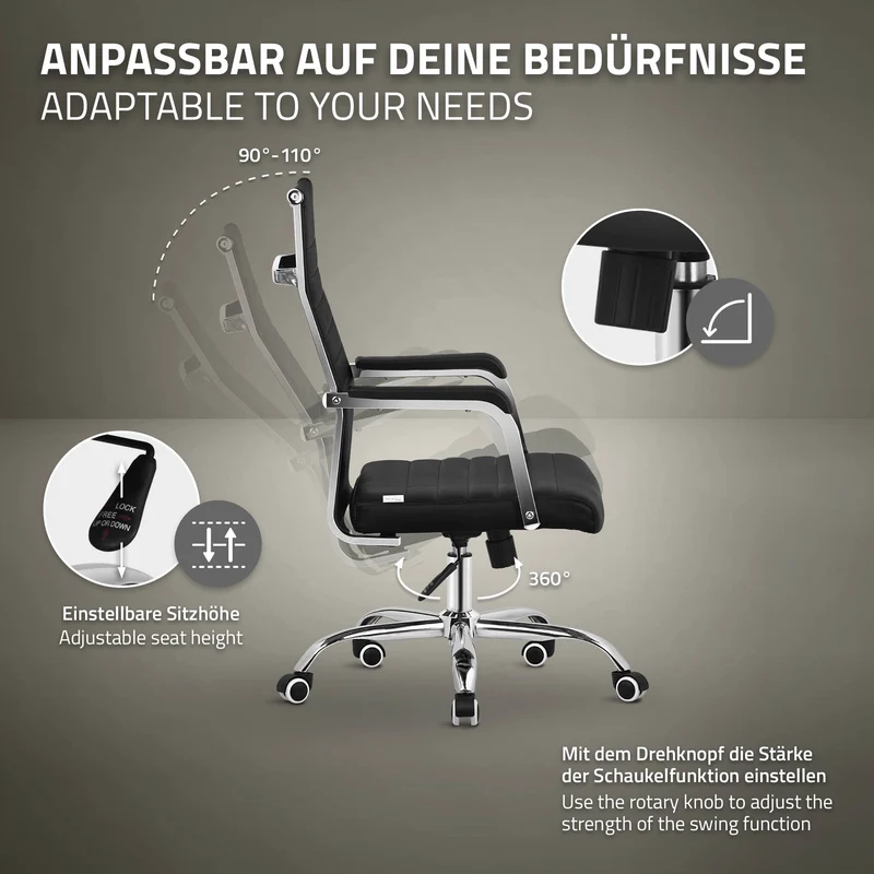 B-Ware Ergonomischer Bürostuhl mit Armlehnen Schwarz mit Rollen & Wippfunktion ML-Design