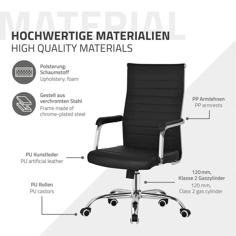 B-Ware Ergonomischer Bürostuhl mit Armlehnen Schwarz mit Rollen & Wippfunktion ML-Design