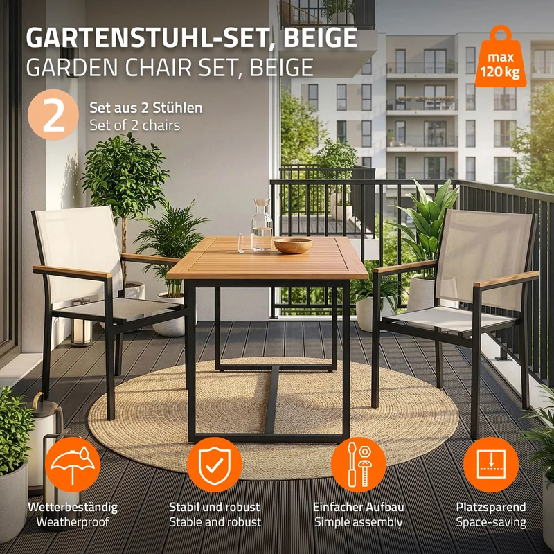 B-Ware Gartenstühle 2er Set mit Armlehnen Beige aus Textilene, Balkonstuhl mit Aluminiumgestell ML-Design