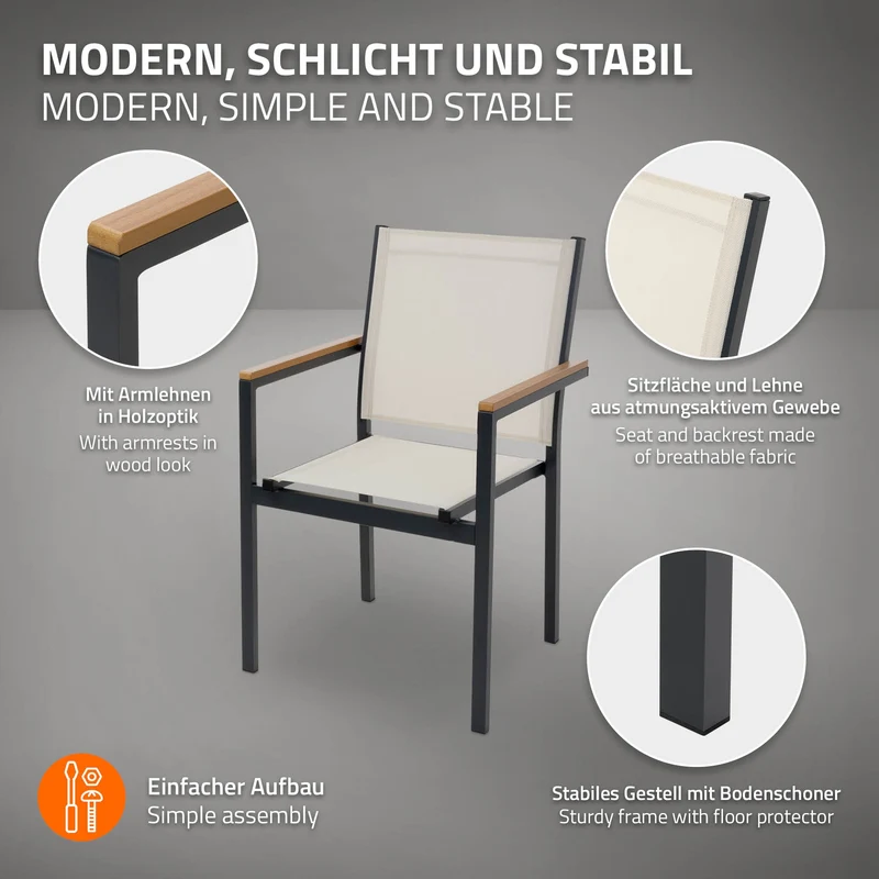 B-Ware Gartenstühle 2er Set mit Armlehnen Beige aus Textilene, Balkonstuhl mit Aluminiumgestell ML-Design