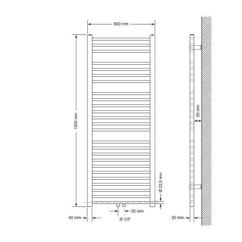 Badheizkörper Sahara 600x1500 mm Anthrazit gerade mit Mittelanschluss LuxeBath