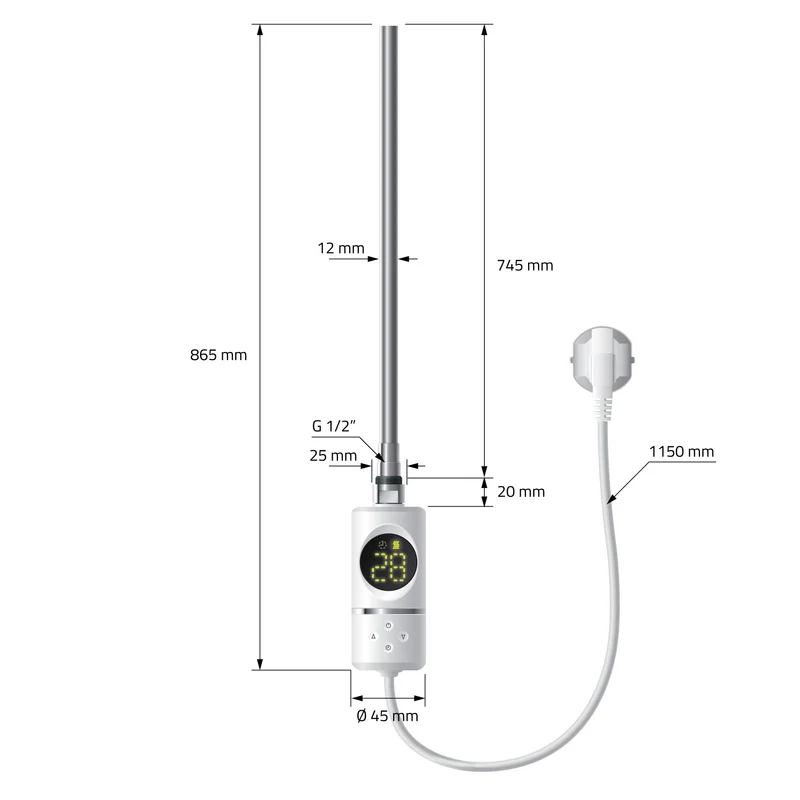 Elektrischer Badheizkörper mit Heizstab 1200W 750x1800 mm Weiß gebogen mit Seitenanschluss LuxeBath