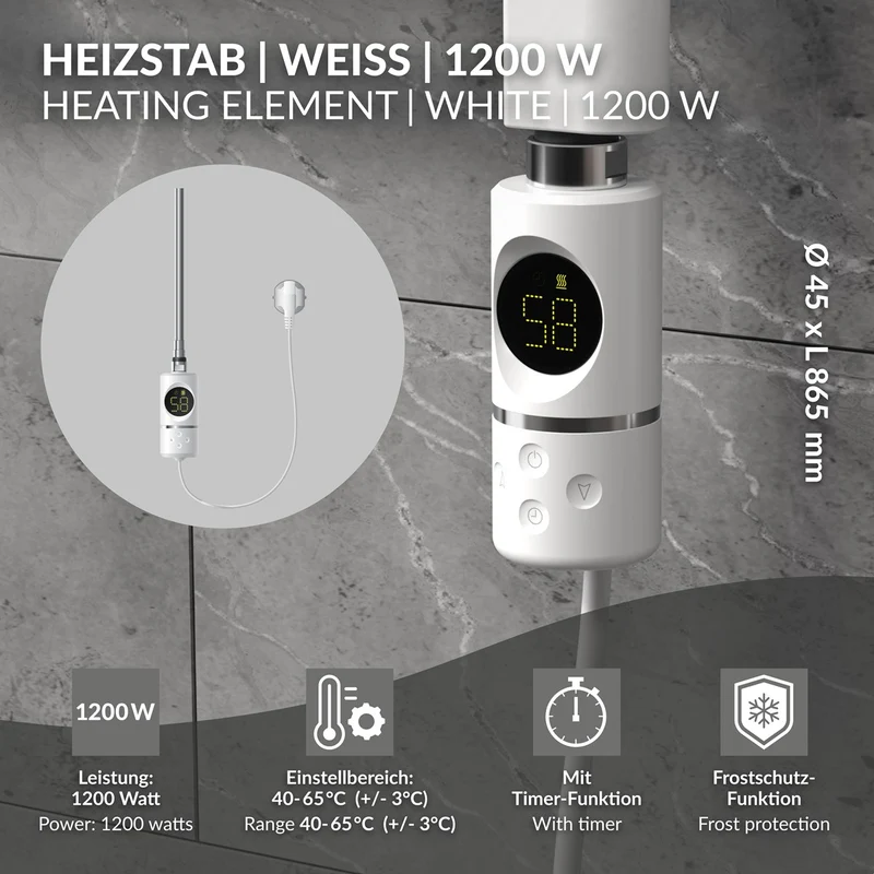 Heizstab 1200W Weiß mit Thermostat und LCD Bildschirm LuxeBath