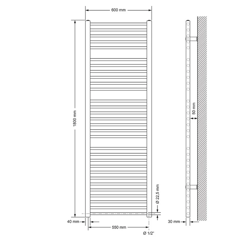 Badheizkörper Sahara mit Heizstab 1200W 600x1800 mm Chrome gerade mit Seitenanschluss