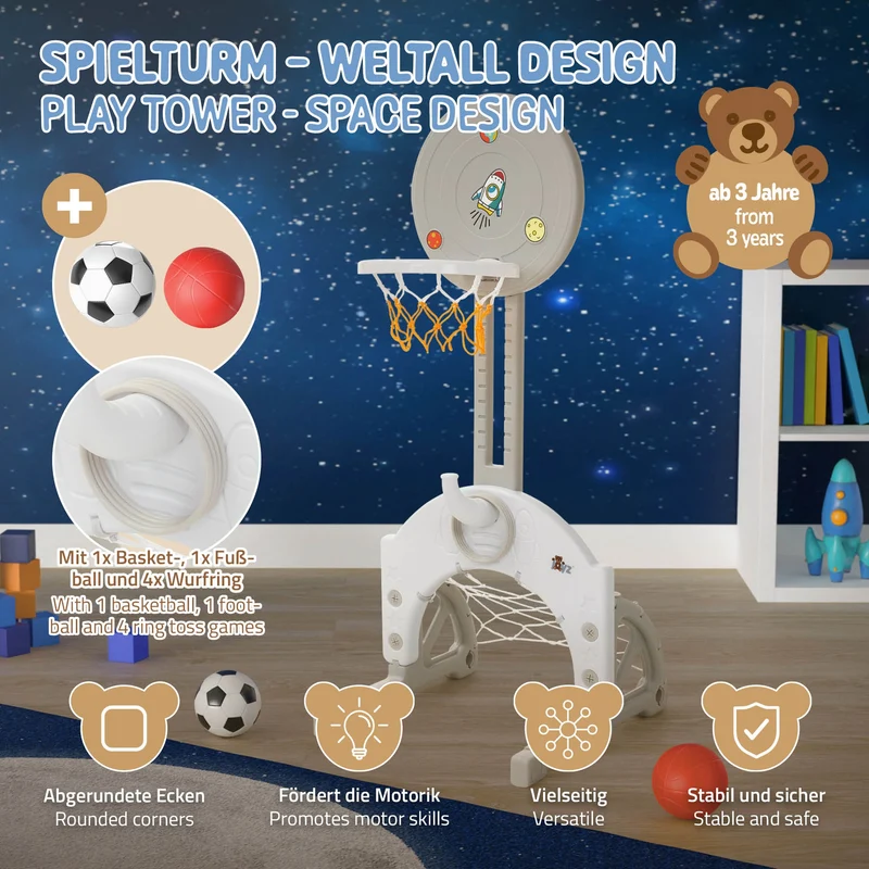 Kinder Basketballkorb Set 3-in-1 Basketballständer höhenverstellbar mit Basketballkorb, Fußballtor & Ringwurfspiel inkl. Bälle & Wurfringe Joyz