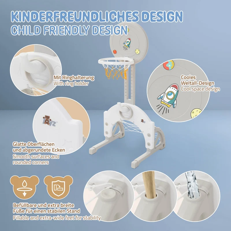 Kinder Basketballkorb Set 3-in-1 Basketballständer höhenverstellbar mit Basketballkorb, Fußballtor & Ringwurfspiel inkl. Bälle & Wurfringe Joyz