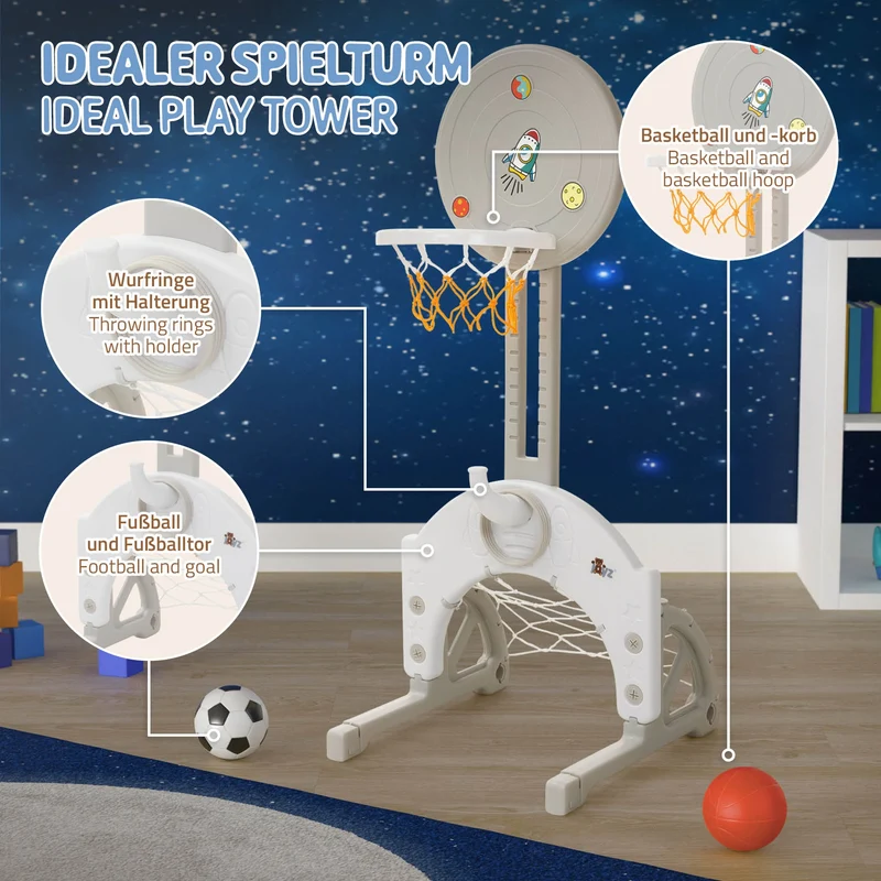 Kinder Basketballkorb Set 3-in-1 Basketballständer höhenverstellbar mit Basketballkorb, Fußballtor & Ringwurfspiel inkl. Bälle & Wurfringe Joyz