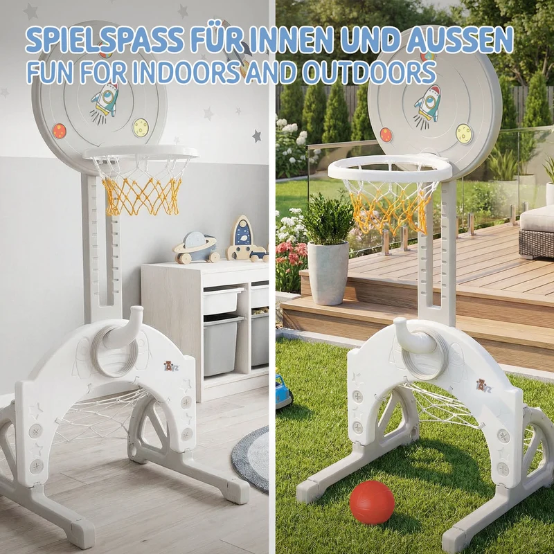 Kinder Basketballkorb Set 3-in-1 Basketballständer höhenverstellbar mit Basketballkorb, Fußballtor & Ringwurfspiel inkl. Bälle & Wurfringe Joyz