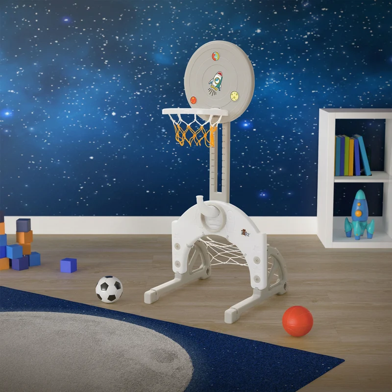 Kinder Basketballkorb Set 3-in-1 Basketballständer höhenverstellbar mit Basketballkorb, Fußballtor & Ringwurfspiel inkl. Bälle & Wurfringe Joyz