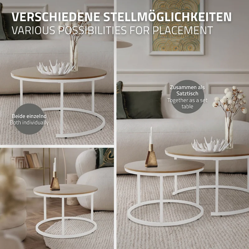 Couchtisch 2er Set Weiß Holzdekor mit Metallgestell ML-Design