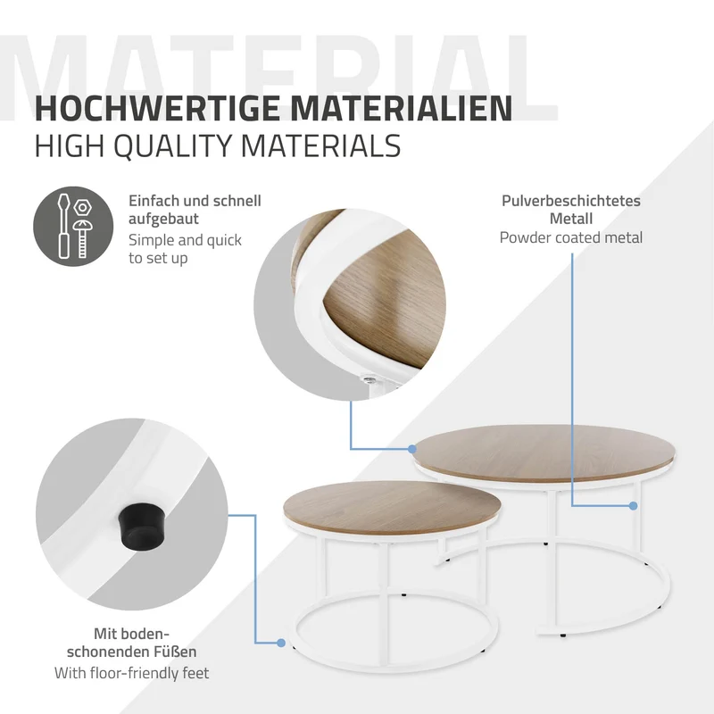 Couchtisch 2er Set Weiß Holzdekor mit Metallgestell ML-Design