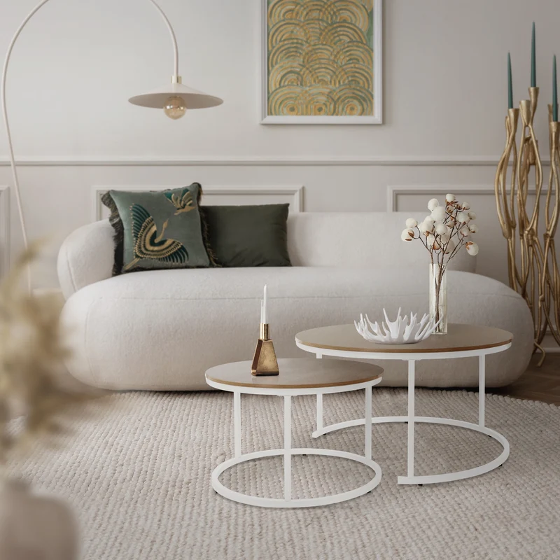 Couchtisch 2er Set Weiß Holzdekor mit Metallgestell ML-Design
