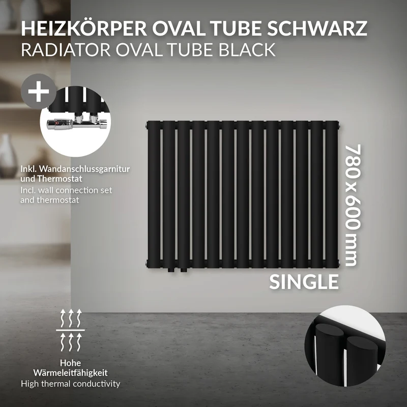 Heizkörper Einlagig Horizontal 600x780 mm Schwarz inkl. Anschlussgarnitur mit Thermostat Eckform LuxeBath